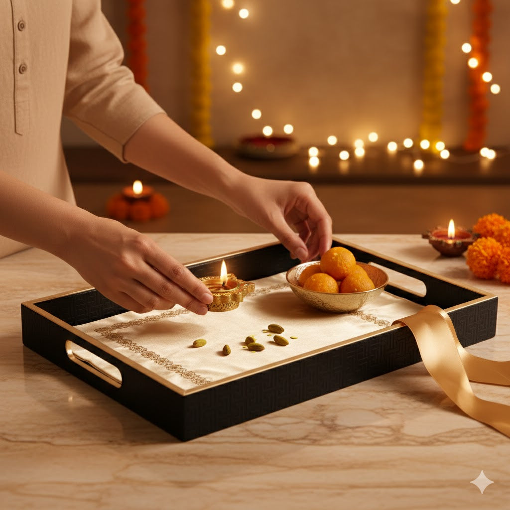 Large Wooden Serving Tray with Leather Finish | Big Size Rectangular Tray for Serving Tea, Coffee & Breakfast | 16 x 14 Inch Premium Snack Tray (BLACK)