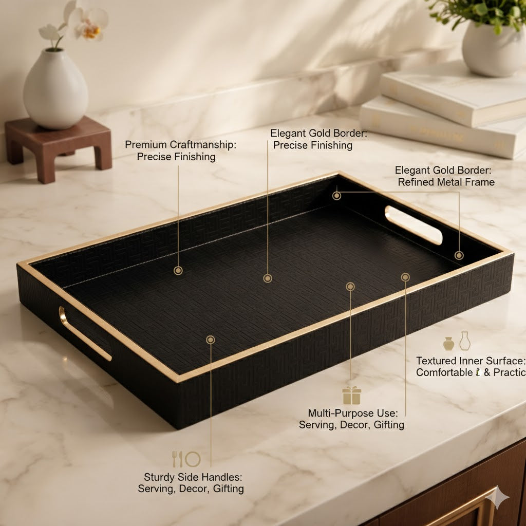 Large Wooden Serving Tray with Leather Finish | Big Size Rectangular Tray for Serving Tea, Coffee & Breakfast | 16 x 14 Inch Premium Snack Tray (BLACK)