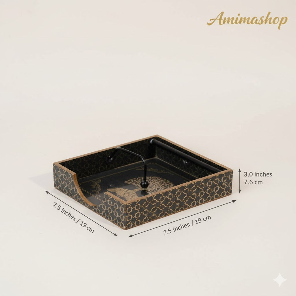 Wooden Napkin Holder for Dining Table | Handcrafted Tissue Holder Stand for Kitchen, Office & Home Décor | Wooden Tissue Paper Holder | Black Design (8 x 8 x 2.5 Inches)