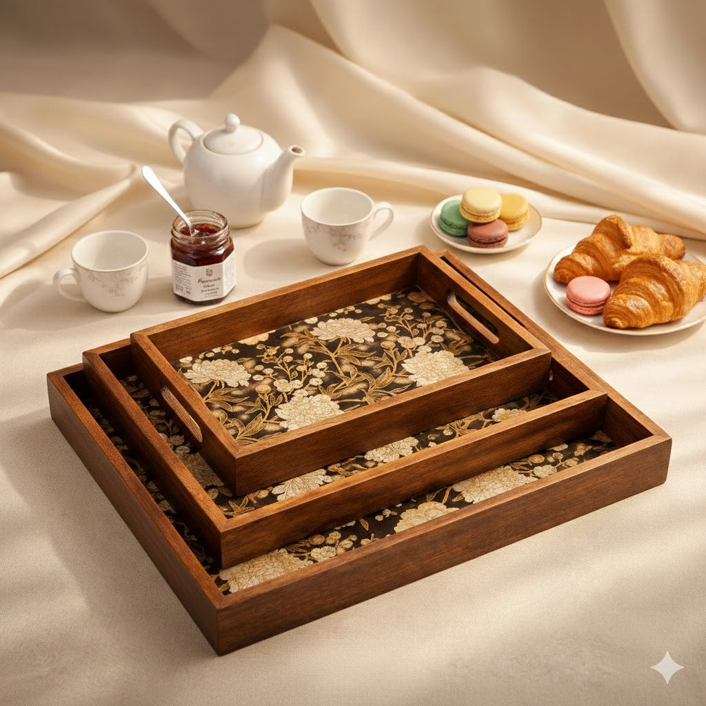Serving Tray Set 3 with Gold Engraving | Wooden Tray Set 3 |Wooden Tray Decoration | Enamel Coated Waterproof |Size : 16 x 10 inch, 14 x 8 inch & 12 x 6 inch (Set 3)