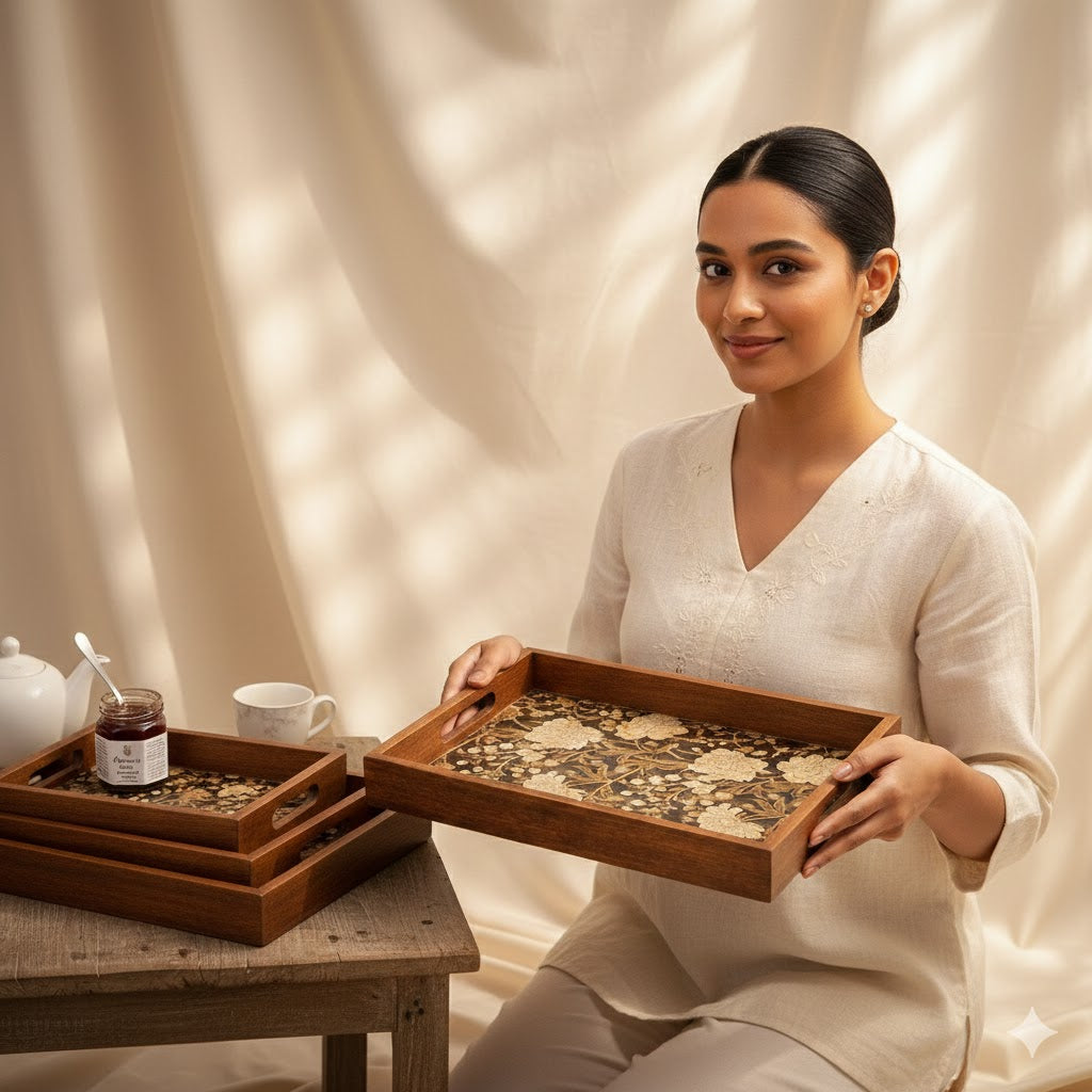 Serving Tray Set 3 with Gold Engraving | Wooden Tray Set 3 |Wooden Tray Decoration | Enamel Coated Waterproof |Size : 16 x 10 inch, 14 x 8 inch & 12 x 6 inch (Set 3)