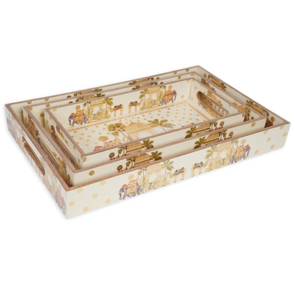 Wooden Tray Set of 3 | Wooden Tray for Serving,Decoration,Kitchen Organizer | White and Gold Design Size of (16 * 11 * 2, 14 * 10 * 1.75 & 12 * 9 * 1.5) - Image 2