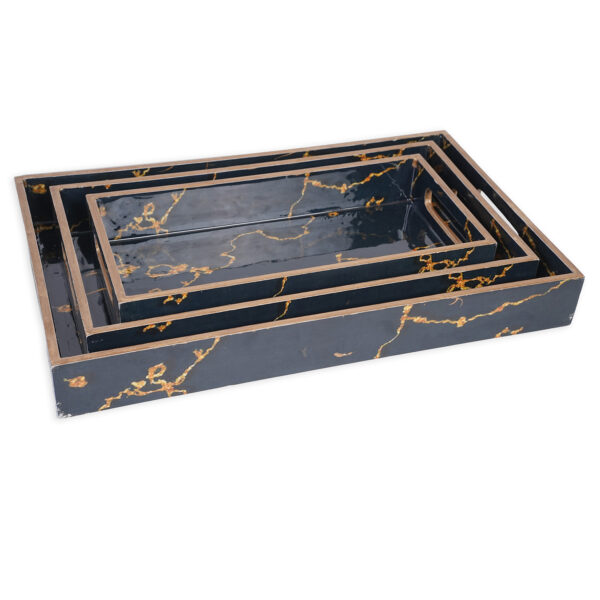 Amimashop Set of 3 Wooden Serving Trays with Gold Engraving – Elegant & Functional Kitchen & Home Decor (16", 14", 12") – Black