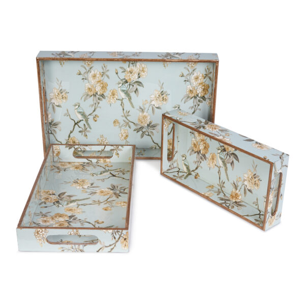 Amimashop Set of 3 Wooden Serving Trays with Gold Engraving - Blue Elephant Design