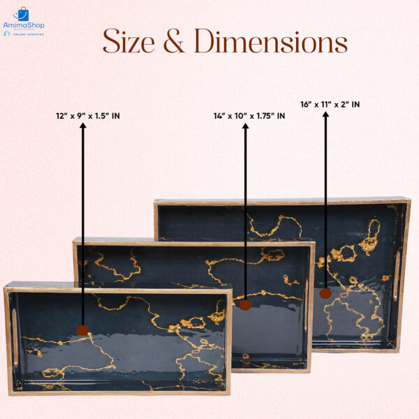 Amimashop Set of 3 Wooden Serving Trays with Gold Engraving – Elegant & Functional Kitchen & Home Decor (16", 14", 12") – Black - Image 2