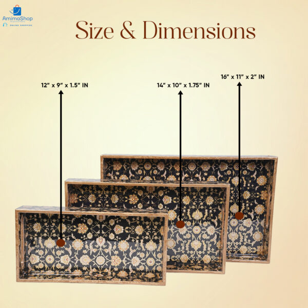 Amimashop Set of 3 Wooden Serving Trays with Gold Engraving - Image 2