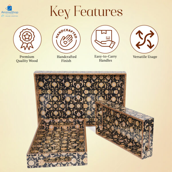 Amimashop Set of 3 Wooden Serving Trays with Gold Engraving - Image 3