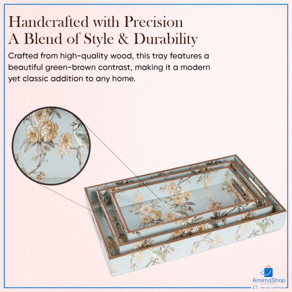 Amimashop Set of 3 Wooden Serving Trays with Gold Engraving - Blue Elephant Design - Image 4