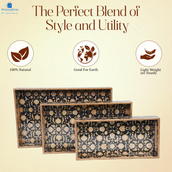 Amimashop Set of 3 Wooden Serving Trays with Gold Engraving - Image 4