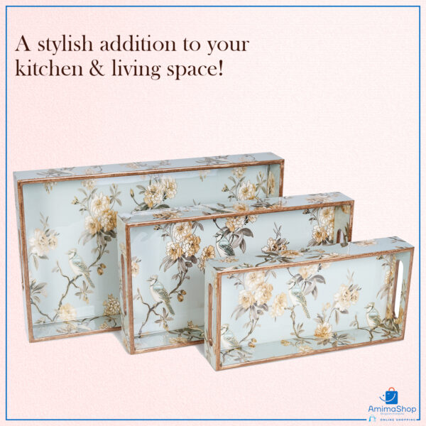 Amimashop Set of 3 Wooden Serving Trays with Gold Engraving - Blue Elephant Design - Image 3